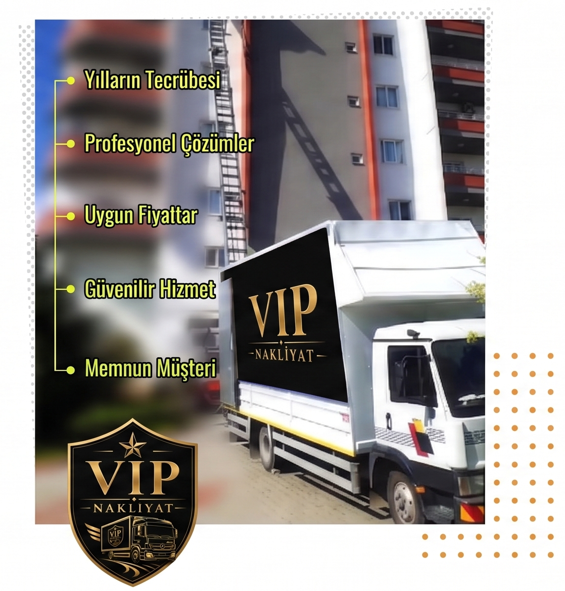 Mersin Vip Nakliyat logolu kamyon, asansörlü taşıma ve firma avantajları